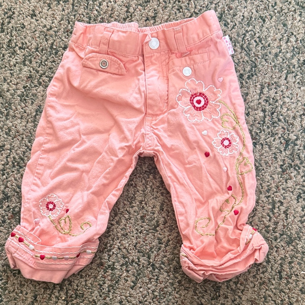 Mary Jane Pink Floral Embroidered Kids Casual Bottoms